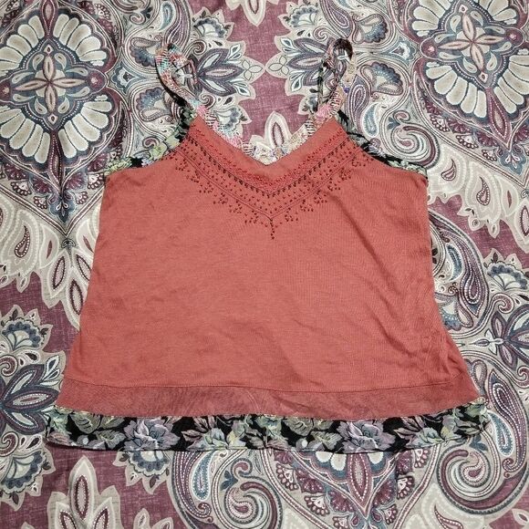 Gimmicks by BKE Orange Beaded Floral Mesh Boho Chic Loose Fit Tank Top Blouse - Picture 1 of 3